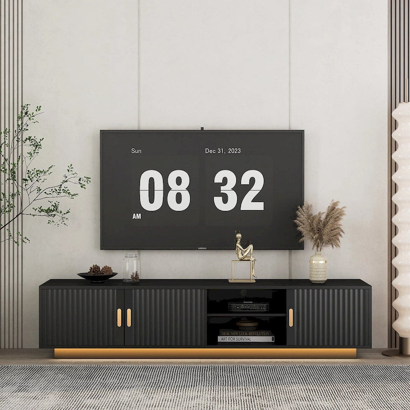 Mobile TV nero da 65 in stile metà secolo con luci LED e contenitore per TV fino a 60