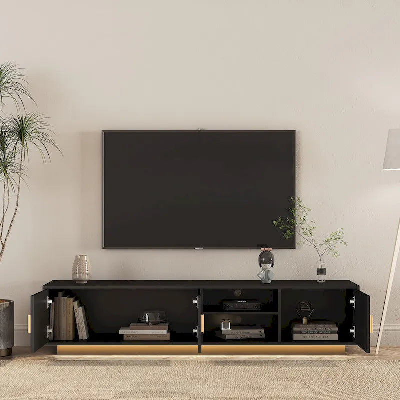 Mobile TV nero da 65 in stile metà secolo con luci LED e contenitore per TV fino a 60