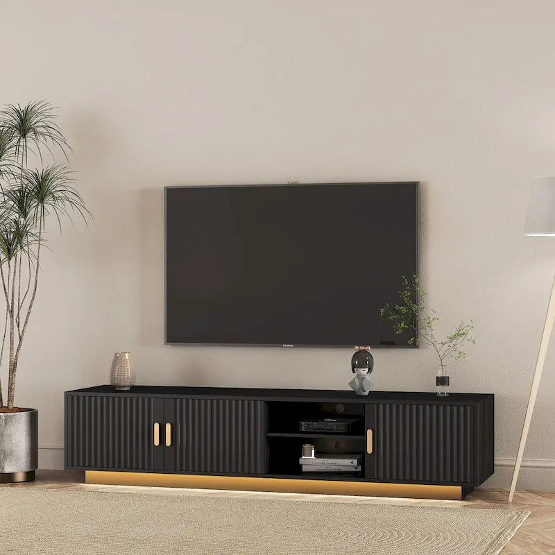 Mobile TV nero da 65 in stile metà secolo con luci LED e contenitore per TV fino a 60