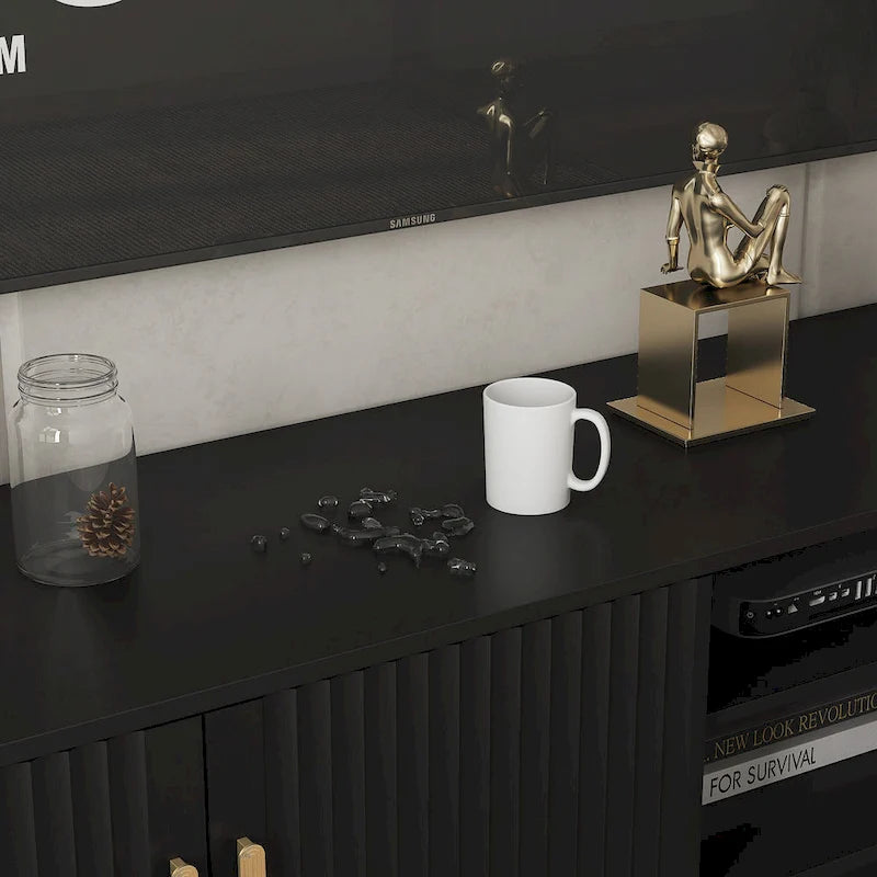 Mobile TV nero da 65 in stile metà secolo con luci LED e contenitore per TV fino a 60