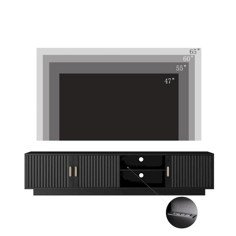 Mobile TV nero da 65 in stile metà secolo con luci LED e contenitore per TV fino a 60