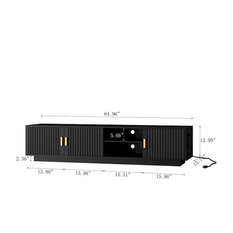 Mobile TV nero da 65 in stile metà secolo con luci LED e contenitore per TV fino a 60