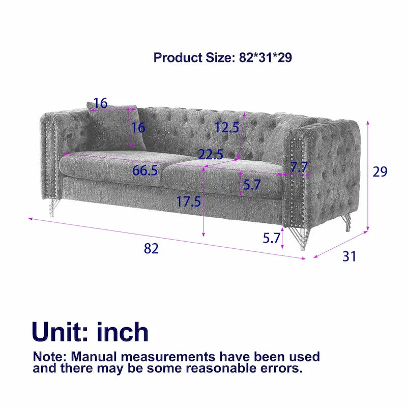Chenille Tufted Upholstered 3-seater Sofa with Metal Legs