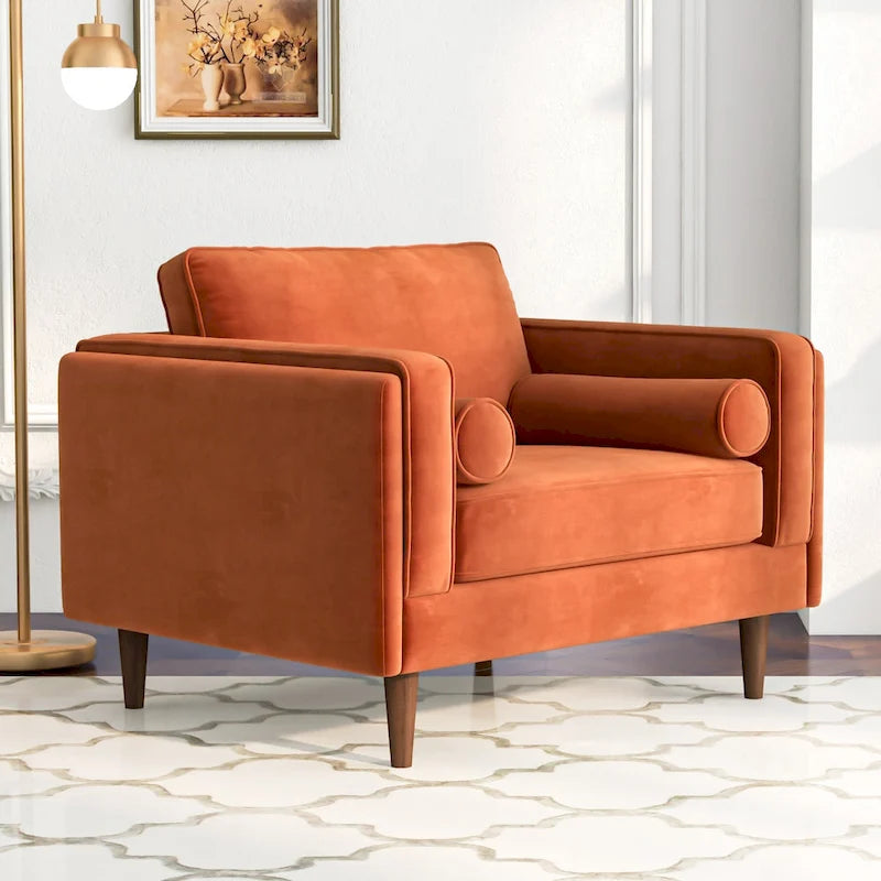 Mid-Century Modern Pillow Back Velvet Upholstered Armchair