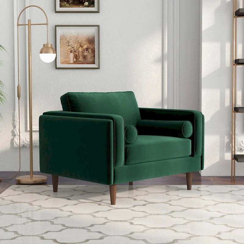 Mid-Century Modern Pillow Back Velvet Upholstered Armchair