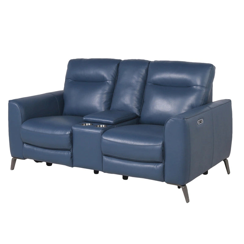 Top Grain Leather Ocean Blue Power Reclining Console Loveseat