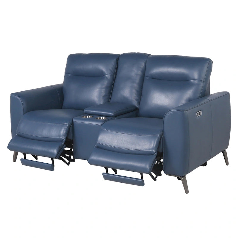 Top Grain Leather Ocean Blue Power Reclining Console Loveseat