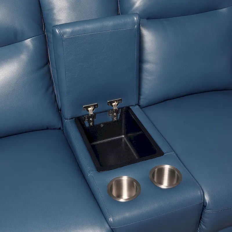 Top Grain Leather Ocean Blue Power Reclining Console Loveseat