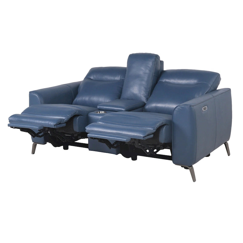 Top Grain Leather Ocean Blue Power Reclining Console Loveseat