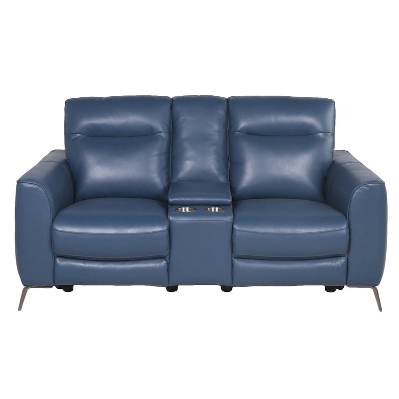 Top Grain Leather Ocean Blue Power Reclining Console Loveseat