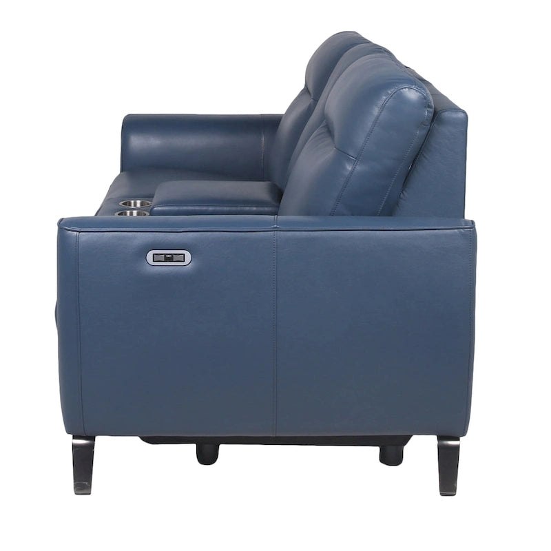 Top Grain Leather Ocean Blue Power Reclining Console Loveseat