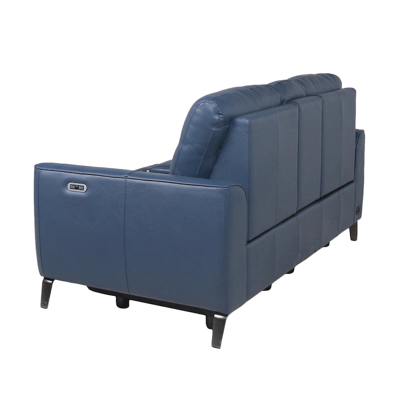 Top Grain Leather Ocean Blue Power Reclining Console Loveseat