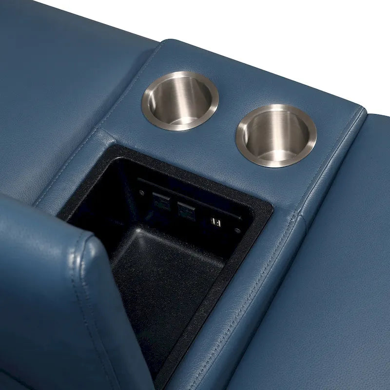 Top Grain Leather Ocean Blue Power Reclining Console Loveseat