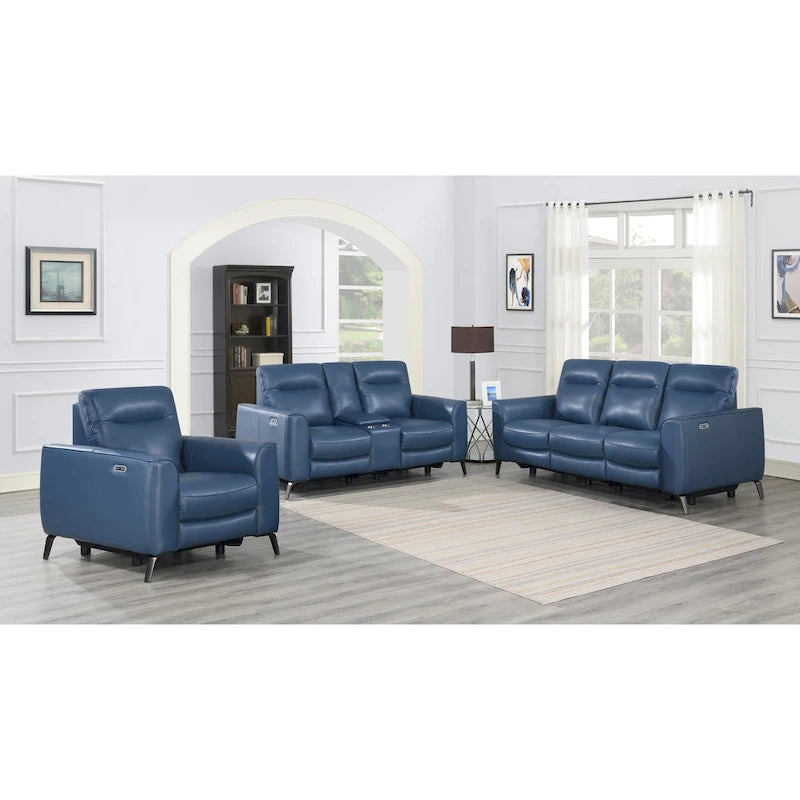 Top Grain Leather Ocean Blue Power Reclining Console Loveseat
