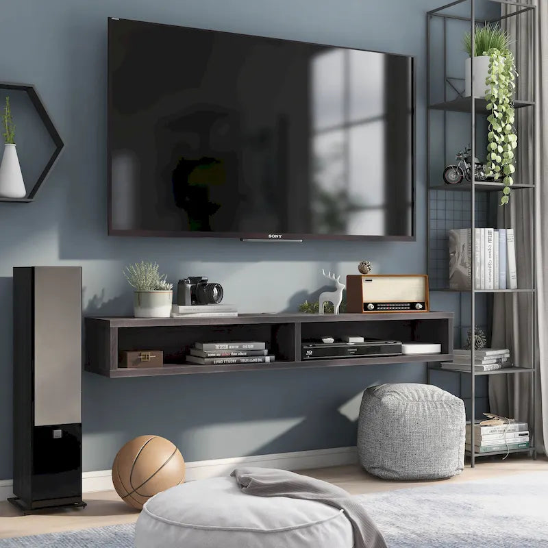 Consolle TV grigia da 60 a parete con ripiano aperto di