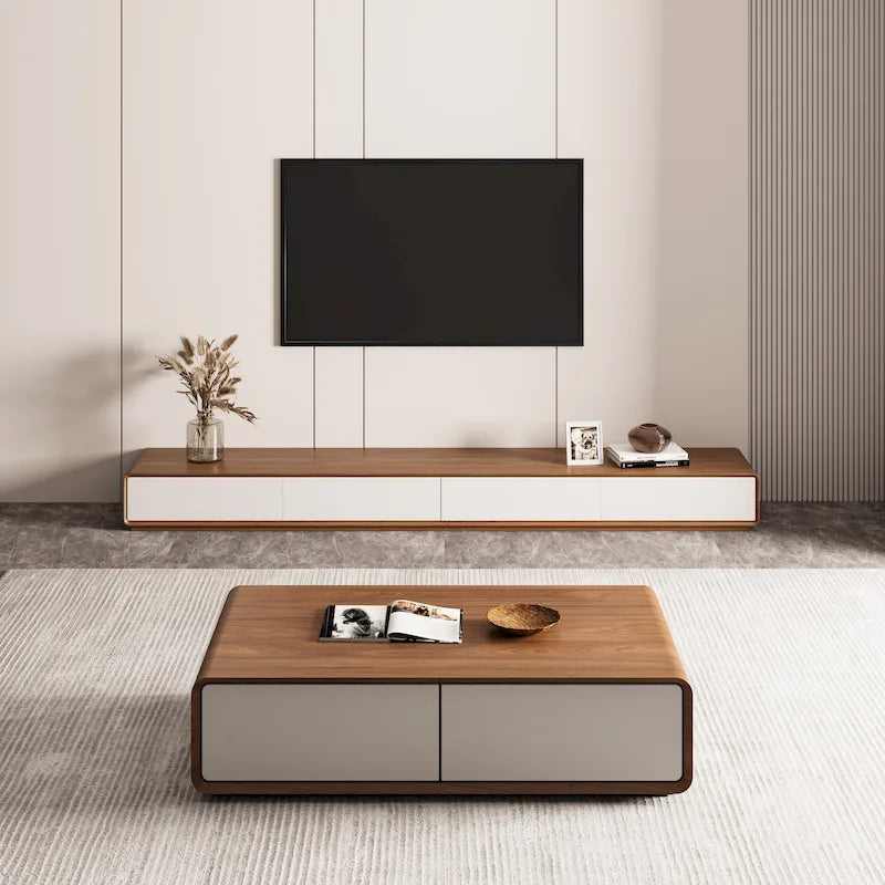 Mobile TV rettangolare moderno con 4 cassetti, consolle multimediale con impiallacciatura in legno, noce bianco, legno massello, completamente assemblato