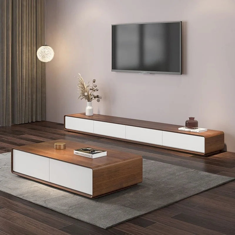 Mobile TV rettangolare moderno con 4 cassetti, consolle multimediale con impiallacciatura in legno, noce bianco, legno massello, completamente assemblato