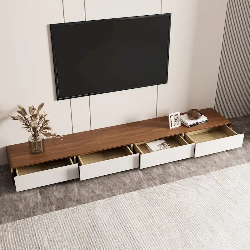 Mobile TV rettangolare moderno con 4 cassetti, consolle multimediale con impiallacciatura in legno, noce bianco, legno massello, completamente assemblato