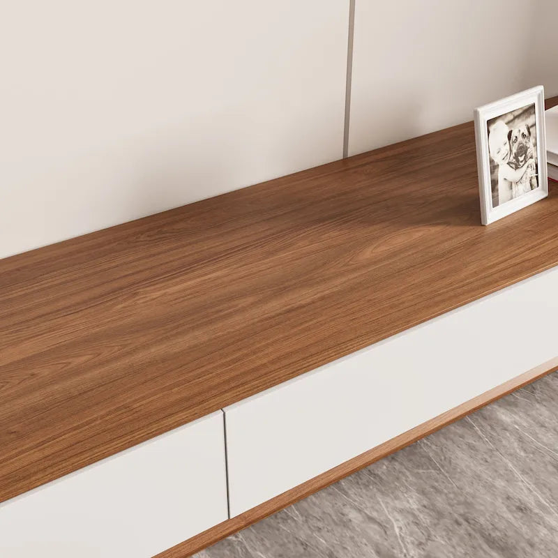 Mobile TV rettangolare moderno con 4 cassetti, consolle multimediale con impiallacciatura in legno, noce bianco, legno massello, completamente assemblato