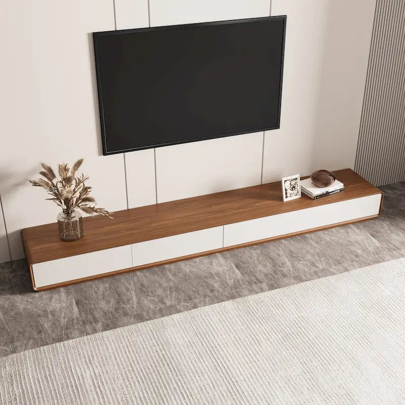 Mobile TV rettangolare moderno con 4 cassetti, consolle multimediale con impiallacciatura in legno, noce bianco, legno massello, completamente assemblato
