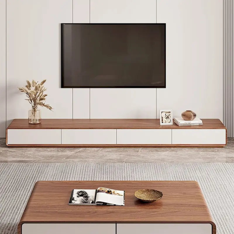 Mobile TV rettangolare moderno con 4 cassetti, consolle multimediale con impiallacciatura in legno, noce bianco, legno massello, completamente assemblato