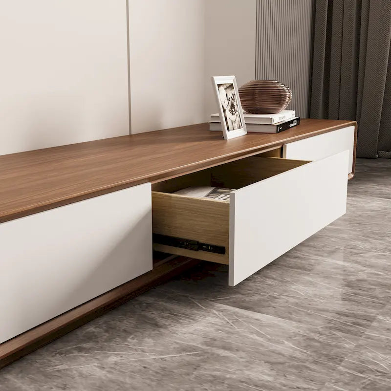 Mobile TV rettangolare moderno con 4 cassetti, consolle multimediale con impiallacciatura in legno, noce bianco, legno massello, completamente assemblato