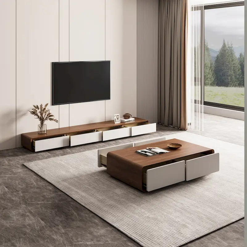 Mobile TV rettangolare moderno con 4 cassetti, consolle multimediale con impiallacciatura in legno, noce bianco, legno massello, completamente assemblato