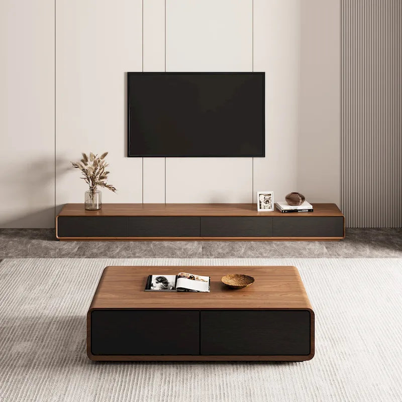 Mobile TV rettangolare moderno con 4 cassetti, consolle multimediale con impiallacciatura in legno, noce bianco, legno massello, completamente assemblato