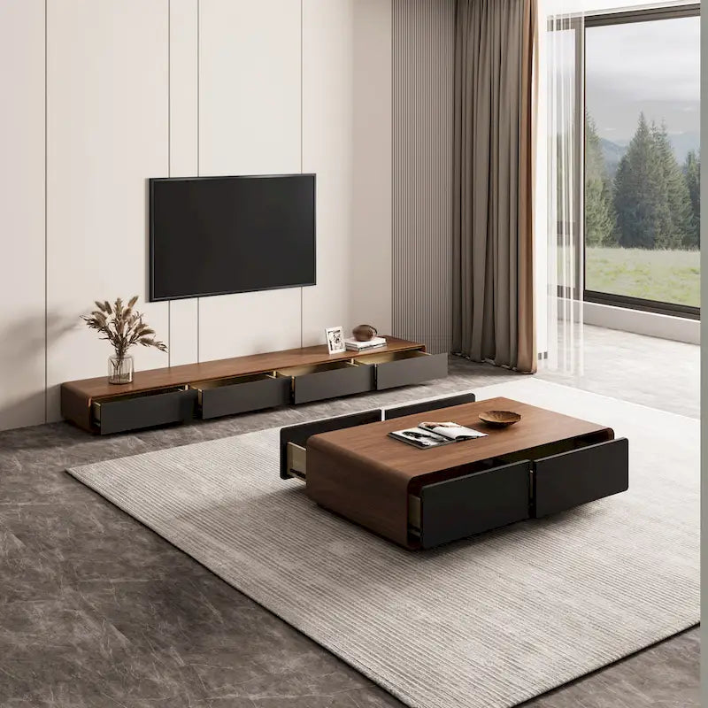 Mobile TV rettangolare moderno con 4 cassetti, consolle multimediale con impiallacciatura in legno, noce bianco, legno massello, completamente assemblato