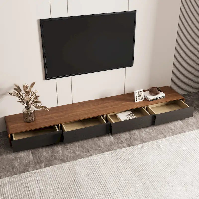 Mobile TV rettangolare moderno con 4 cassetti, consolle multimediale con impiallacciatura in legno, noce bianco, legno massello, completamente assemblato