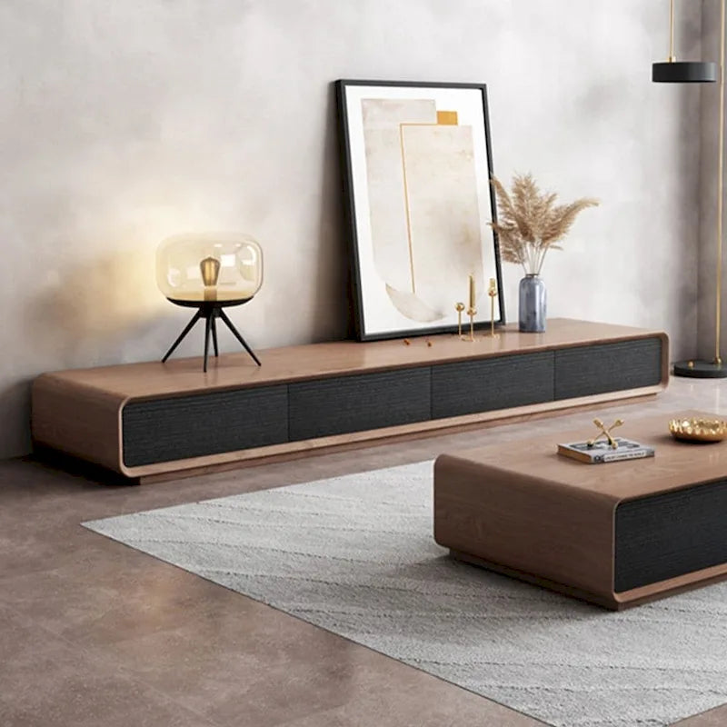 Mobile TV rettangolare moderno con 4 cassetti, consolle multimediale con impiallacciatura in legno, noce bianco, legno massello, completamente assemblato