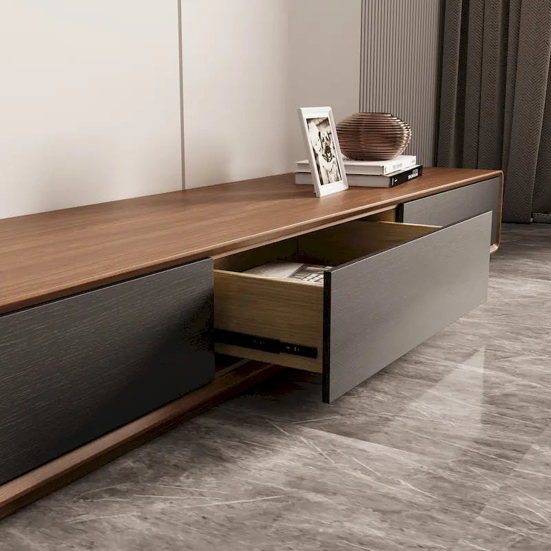 Mobile TV rettangolare moderno con 4 cassetti, consolle multimediale con impiallacciatura in legno, noce bianco, legno massello, completamente assemblato