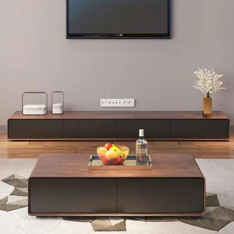 Mobile TV rettangolare moderno con 4 cassetti, consolle multimediale con impiallacciatura in legno, noce bianco, legno massello, completamente assemblato