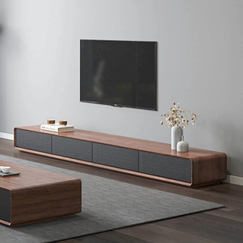 Mobile TV rettangolare moderno con 4 cassetti, consolle multimediale con impiallacciatura in legno, noce bianco, legno massello, completamente assemblato