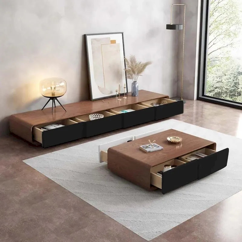 Mobile TV rettangolare moderno con 4 cassetti, consolle multimediale con impiallacciatura in legno, noce bianco, legno massello, completamente assemblato