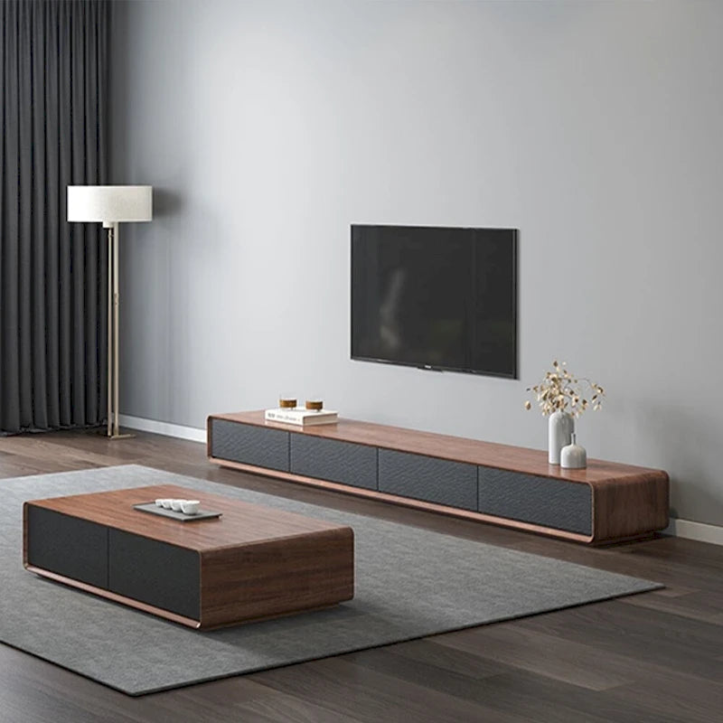 Mobile TV rettangolare moderno con 4 cassetti, consolle multimediale con impiallacciatura in legno, noce bianco, legno massello, completamente assemblato