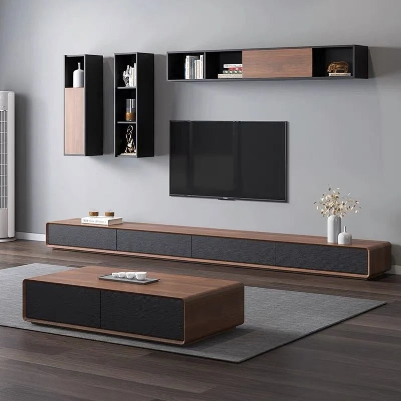 Mobile TV rettangolare moderno con 4 cassetti, consolle multimediale con impiallacciatura in legno, noce bianco, legno massello, completamente assemblato