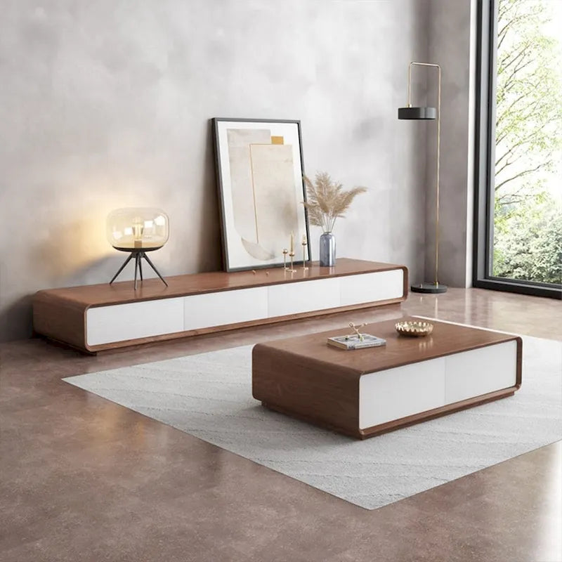 Mobile TV rettangolare moderno con 4 cassetti, consolle multimediale con impiallacciatura in legno, noce bianco, legno massello, completamente assemblato