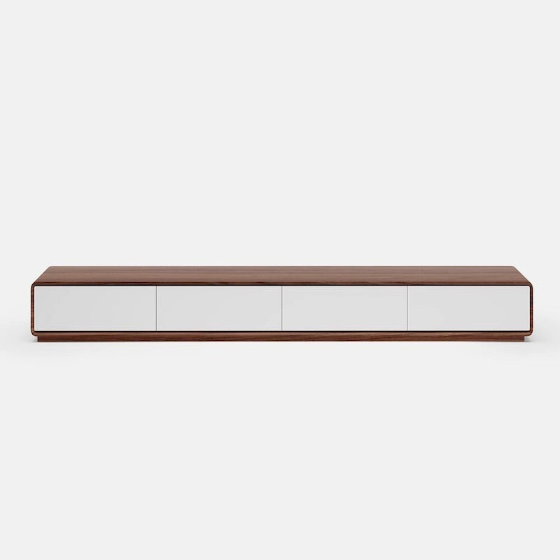 Mobile TV rettangolare moderno con 4 cassetti, consolle multimediale con impiallacciatura in legno, noce bianco, legno massello, completamente assemblato