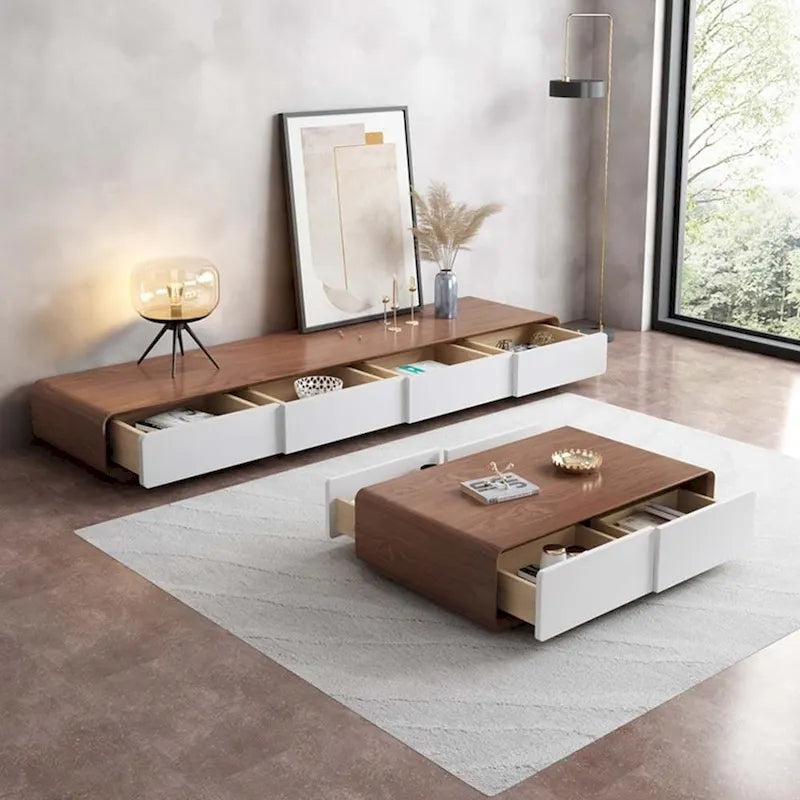 Mobile TV rettangolare moderno con 4 cassetti, consolle multimediale con impiallacciatura in legno, noce bianco, legno massello, completamente assemblato