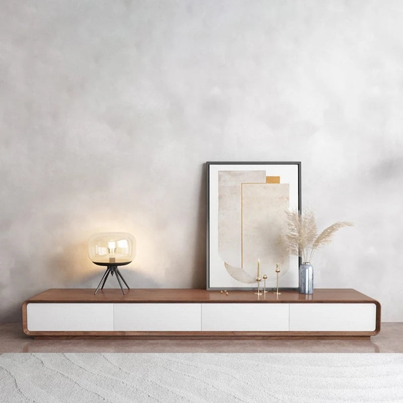 Mobile TV rettangolare moderno con 4 cassetti, consolle multimediale con impiallacciatura in legno, noce bianco, legno massello, completamente assemblato