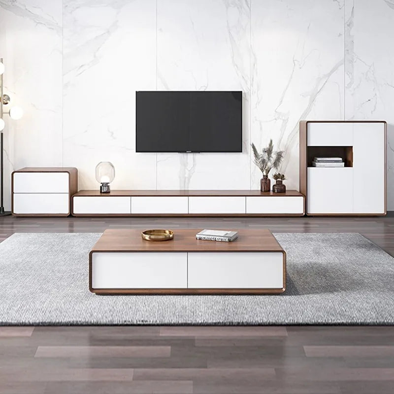Mobile TV rettangolare moderno con 4 cassetti, consolle multimediale con impiallacciatura in legno, noce bianco, legno massello, completamente assemblato