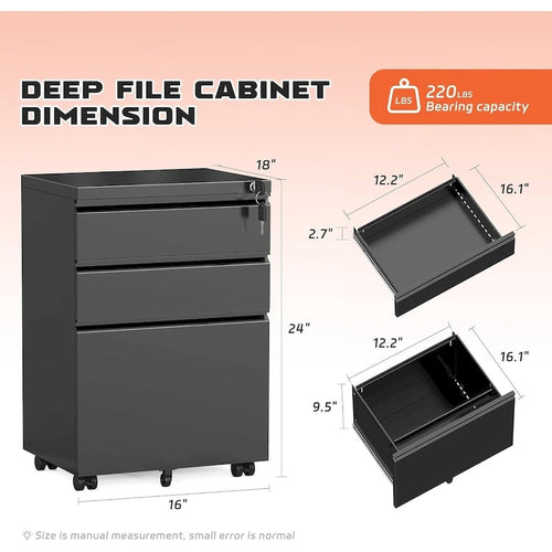 3 Drawer Mobile File Cabinet Lockable Storage Cabinet