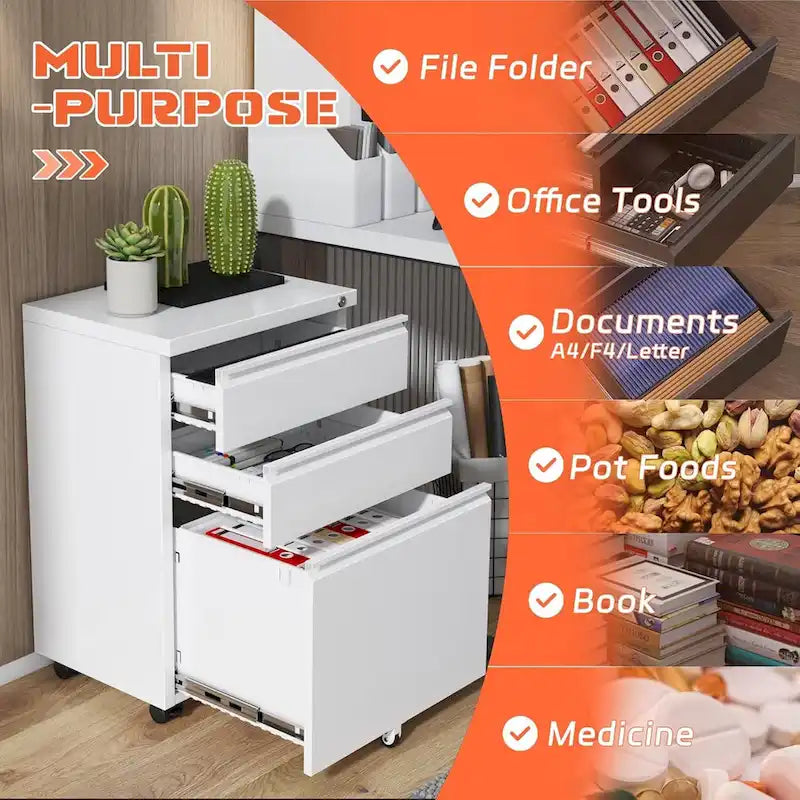 3 Drawer Mobile File Cabinet Lockable Storage Cabinet