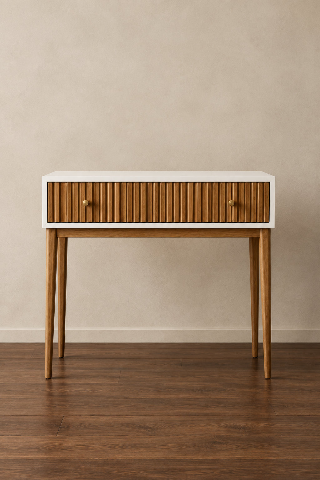 Mid-Century Modern Two-Tone Natural Brown and White Bayur Wood 1-Drawer Console Table