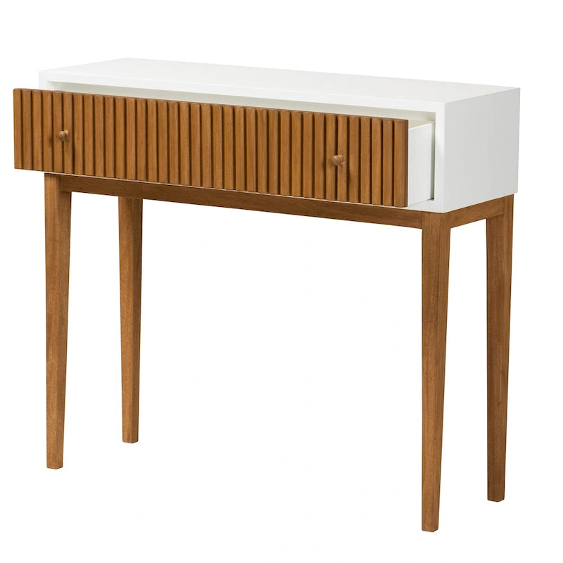 Mid-Century Modern Two-Tone Natural Brown and White Bayur Wood 1-Drawer Console Table