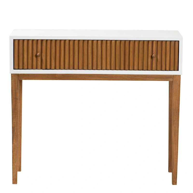 Mid-Century Modern Two-Tone Natural Brown and White Bayur Wood 1-Drawer Console Table