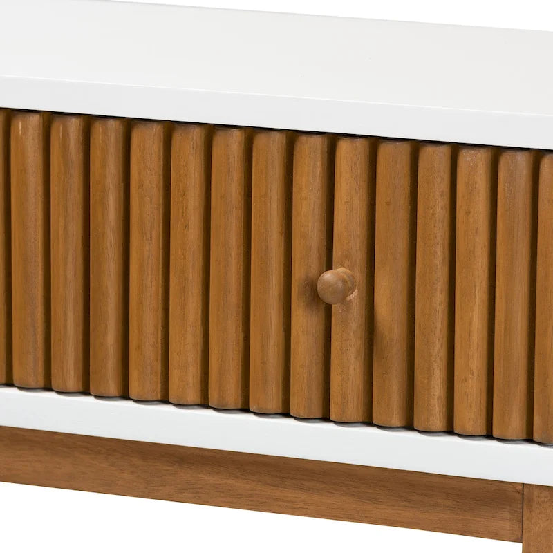 Mid-Century Modern Two-Tone Natural Brown and White Bayur Wood 1-Drawer Console Table
