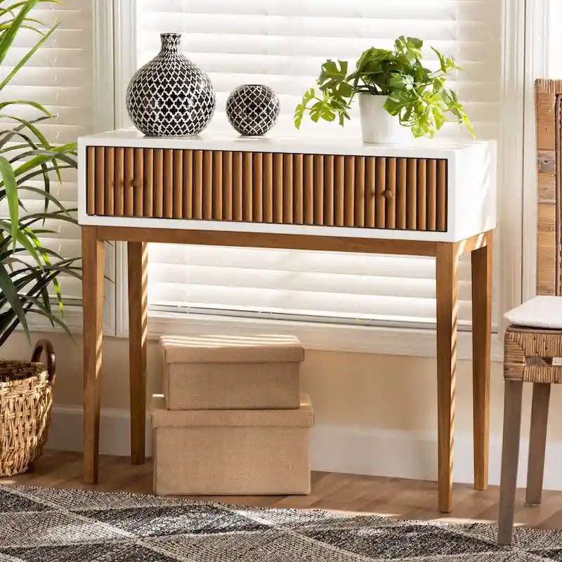 Mid-Century Modern Two-Tone Natural Brown and White Bayur Wood 1-Drawer Console Table