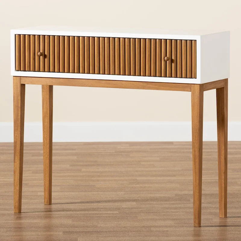Mid-Century Modern Two-Tone Natural Brown and White Bayur Wood 1-Drawer Console Table